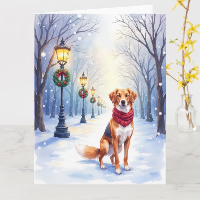 Carte Watercolor American Foxhound Snowy Lamppost (Fleur jaune)