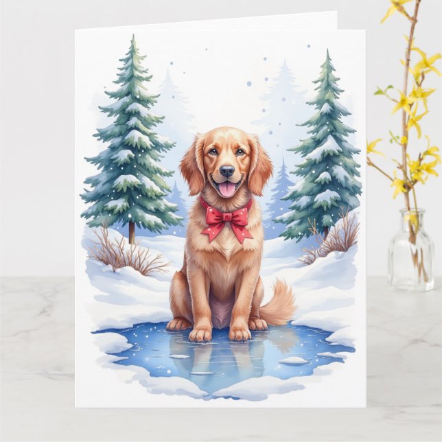 Carte Watercolor American Water Spaniel Frozen Pond (Fleur jaune)