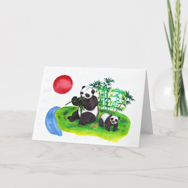 Carte Watercolor art Panda chinois mère et son petit (Devant)