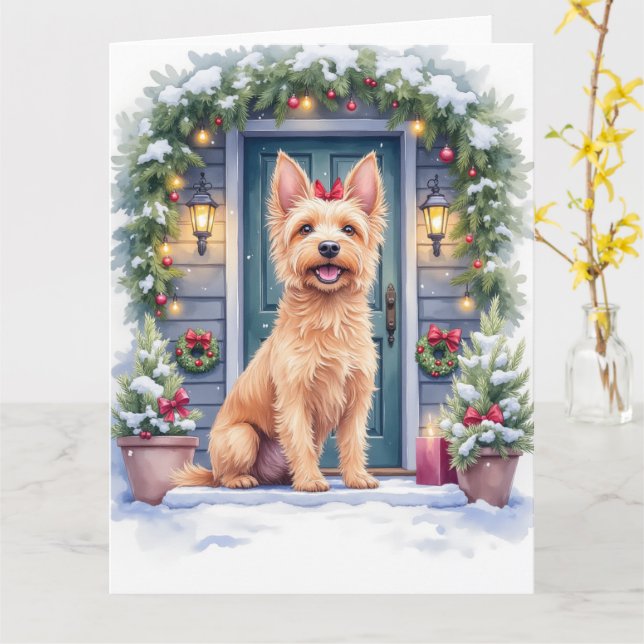 Carte Watercolor Australian Silky Terrier Snowy Doorstep (Fleur jaune)