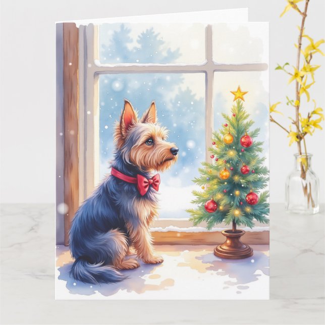Carte Watercolor Australian Terrier Tabletop Christmas (Fleur jaune)