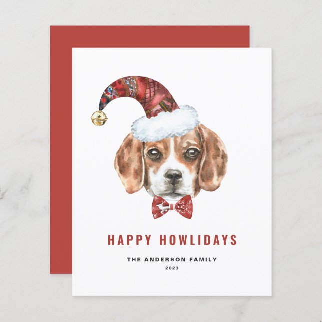 Carte Watercolor Beagle Père Noël Happy Howlidays (Devant / Derrière)