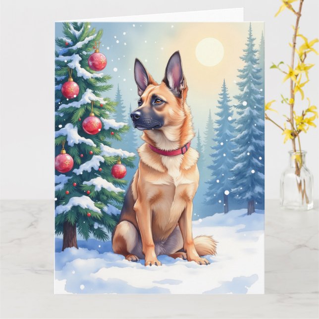 Carte Watercolor Belgian Malinois Evergreen Christmas (Fleur jaune)