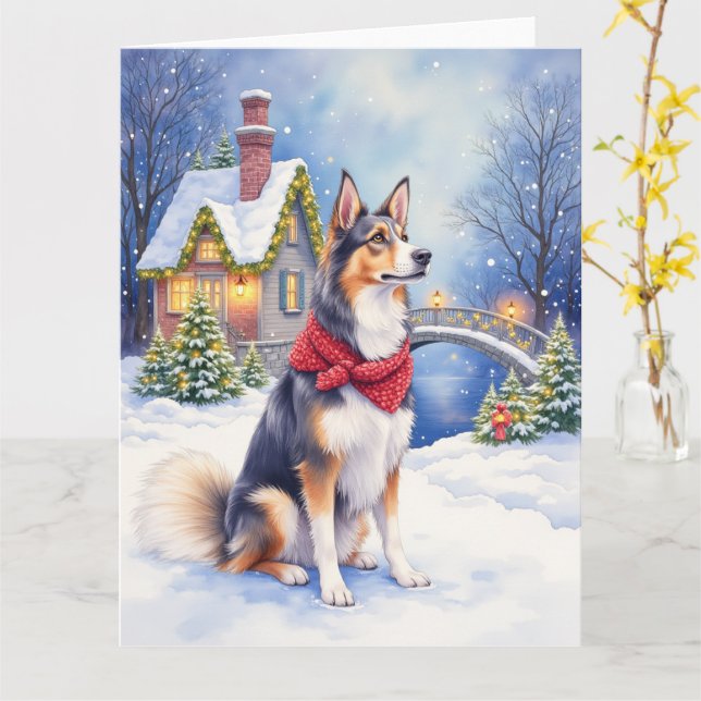 Carte Watercolor Belgian Sheepdog Winter Christmas (Fleur jaune)