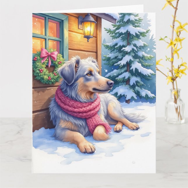 Carte Watercolor Bergamasco Shepherd Cabin Christmas (Fleur jaune)
