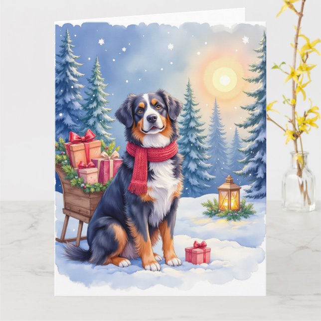 Carte Watercolor Bernese Mountain Dog Sleigh Christmas (Fleur jaune)