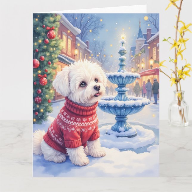 Carte Watercolor Bichon Frise Festive Fountain Christmas (Fleur jaune)