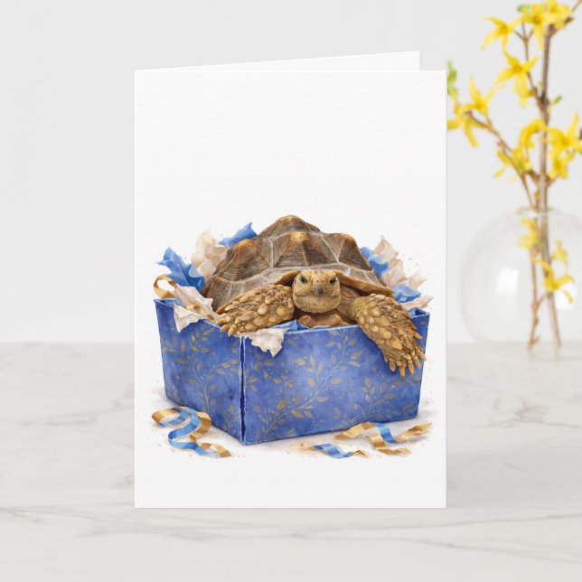 Carte Watercolor Blue and Gold Birthday Gift Turtle (Fleur jaune)