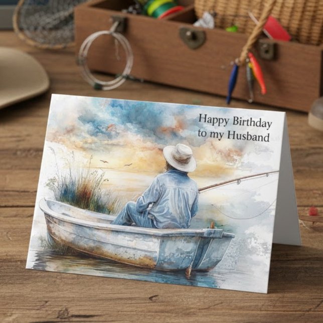 Carte Watercolor Blue Fishing Husband Happy Birthday (Créateur téléchargé)