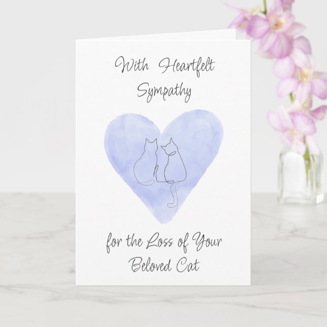 Carte Watercolor Blue Heart with Cat Drawing Sympathy (Orchidée)