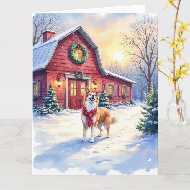Carte Watercolor Border Collie Country Barn Christmas (Fleur jaune)