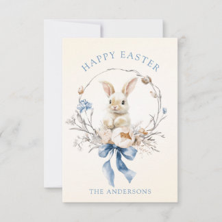 Carte Watercolor Bunny Flowers Blue Bow Spring