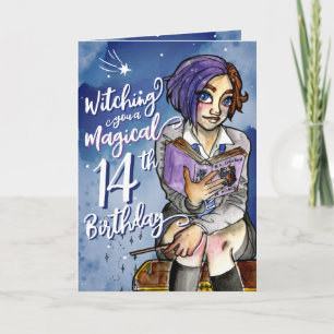 Carte Watercolor Cartoon Witch Magical 14th Birthday