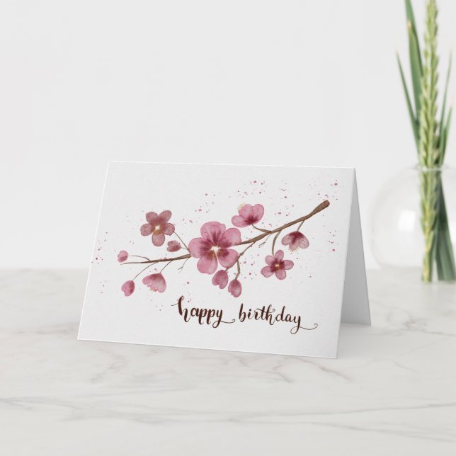 Carte Watercolor Cherry blossom Happy Birthday (Devant)