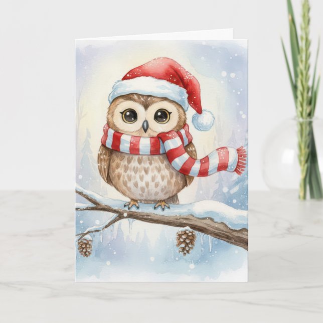 Carte Watercolor Christmas Owl In a Santa Hat (Devant)