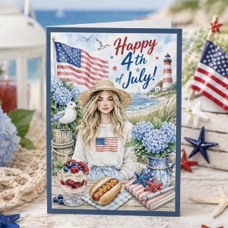 Carte Watercolor Coastal Patriotic Happy 4th of July