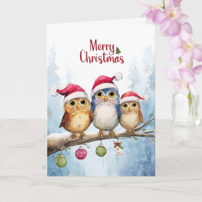 Carte Watercolor Cute Owls Whimsical Christmas Folded (Orchidée)