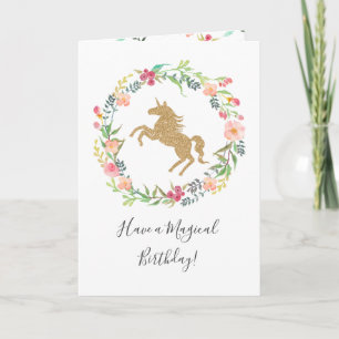 Carte Watercolor Floral Gold Magical Unicorn Birthday