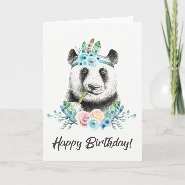 Carte Watercolor Floral Spray Boho Panda Joyeux annivers (Devant)
