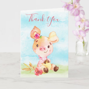 Carte Watercolor Girl Piggy Farm Merci