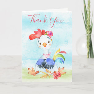 Carte Watercolor Girl Rooster Farm