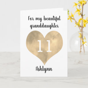 Carte Watercolor Gold Heart 11e anniversaire Grandgirl