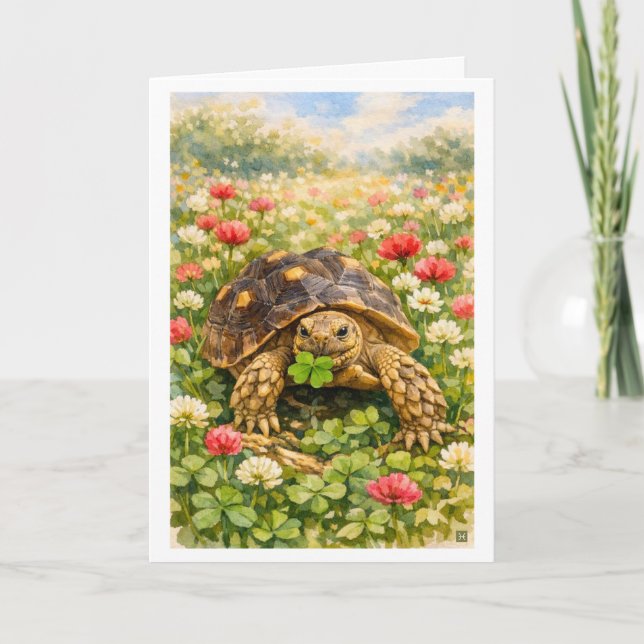 Carte Watercolor Happy Birthday Turtle with lucky clover (Devant)