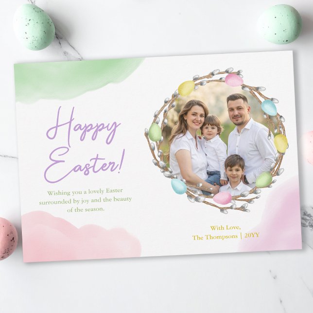 Carte Watercolor Pastel Easter Wreath With Family Photo (Créateur téléchargé)