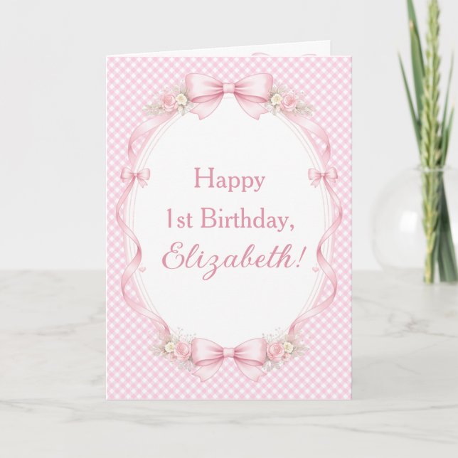 Carte Watercolor Pink Bow Coquette 1st Birthday Greeting (Devant)