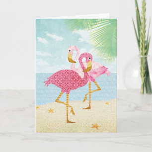 Carte Watercolor Pink Flamingos on the Beach