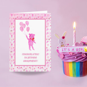 Carte Watercolor Pink Girl Teddy Bear Grandparents Card
