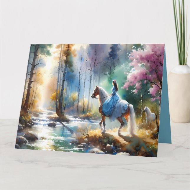 Carte Watercolor River Horsewoman Forest Light (Devant)