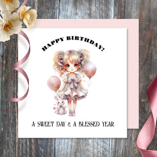 Carte Watercolor Sweet Doll Girly Happy Birthday Card