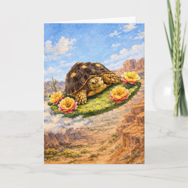 Carte Watercolor Turtle flying on a magic cactus pad (Devant)