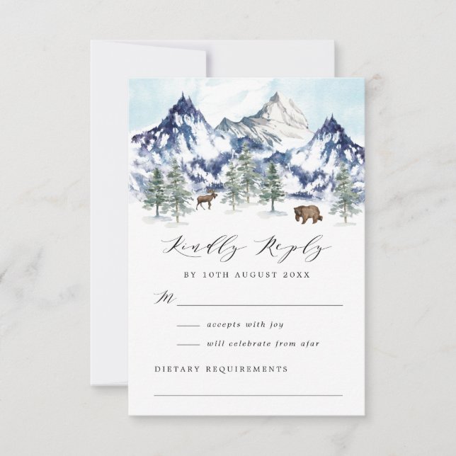 Carte Watercolor Winter Mountain Forest Wedding RSVP (Devant)