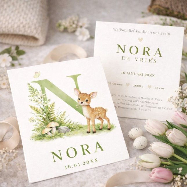 Carte Waterverf Hert Monogram N Geboortekaartje   (Créateur téléchargé)