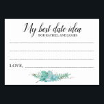 Carte Wedding shower Succulente Idée Meilleure Dat<br><div class="desc">Ces charmantes cartes d'idées de date seront l'ajout parfait à un wedding shower ou à la réception de mariage. Ce design combine écriture manuscrite et polices de caractères en noir et surligné par un bouquet succulent. Il y a de l'espace pour que les clients puissent laisser leur idée de date...</div>