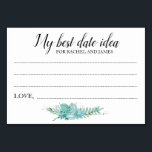 Carte Wedding shower Succulente Idée Meilleure Dat<br><div class="desc">Ces charmantes cartes d'idées de date seront l'ajout parfait à un wedding shower ou à la réception de mariage. Ce design combine écriture manuscrite et polices de caractères en noir et surligné par un bouquet succulent. Il y a de l'espace pour que les clients puissent laisser leur idée de date...</div>