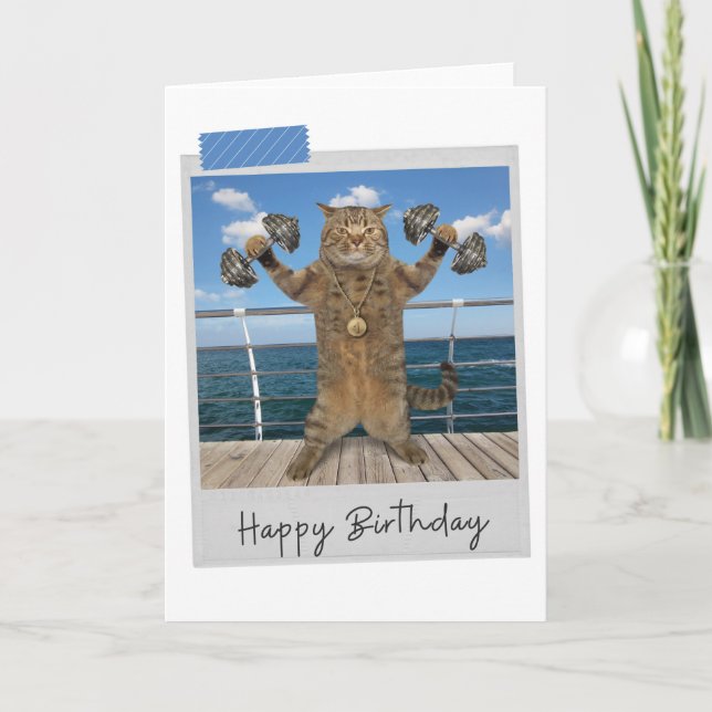 Carte Weighlifter Cat Funny Birthday Card (Devant)