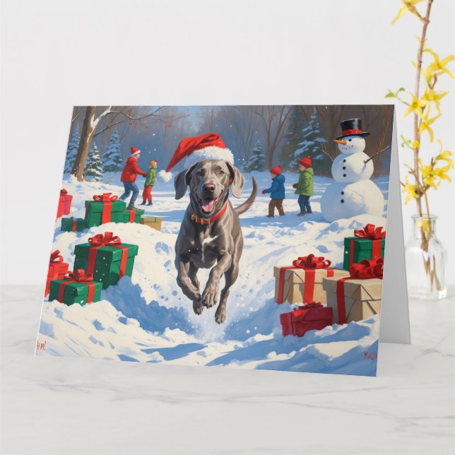 Carte Weimaraner coule en neige avec le Casquette de Noë (Fleur jaune)