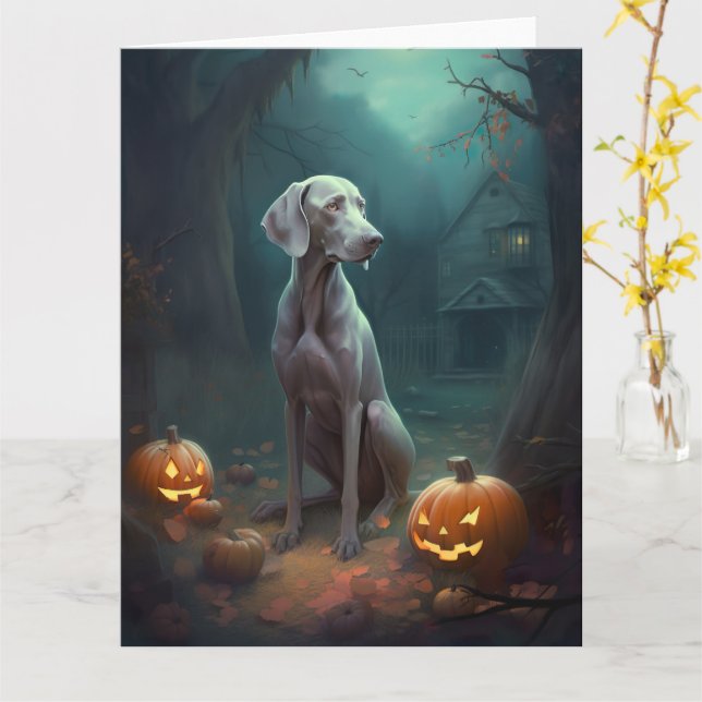 Carte Weimaraner d'Halloween avec citrouilles Épouvantab (Fleur jaune)
