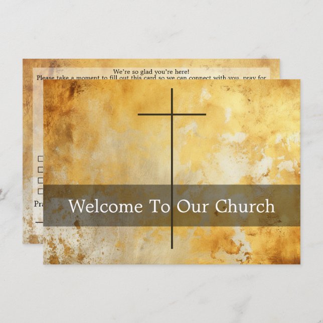 Carte Welcome To Our Church Visitors Gold Cross (Devant / Derrière)