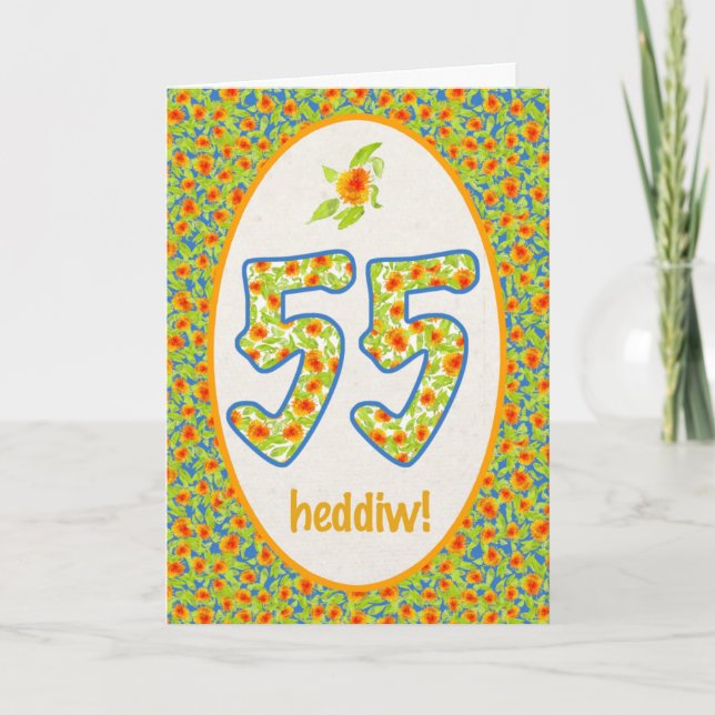 Carte Welsh 55th Birthday Card, Orange Pot Marigolds (Devant)