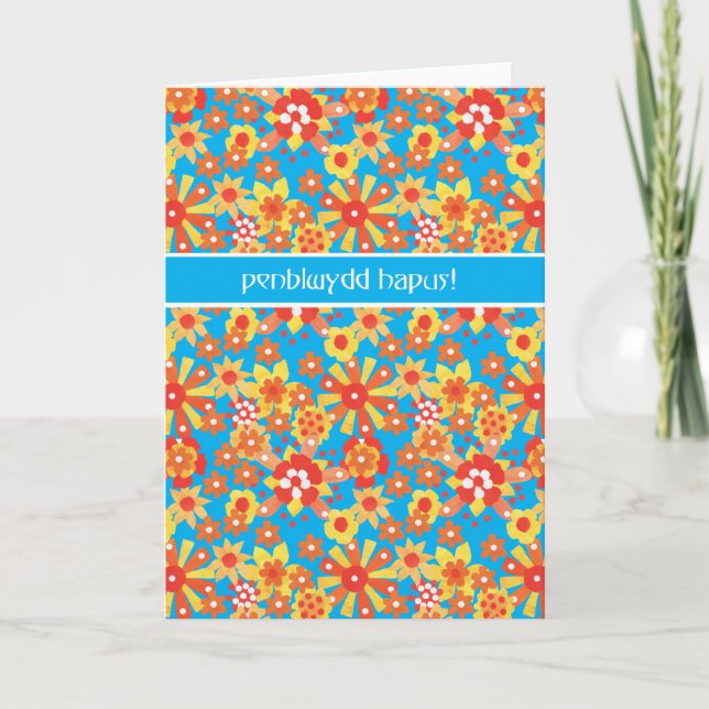 Carte Welsh Birthday Card Ditsy Orange Flowers (Devant)