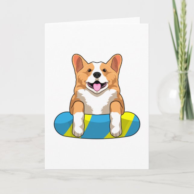 Carte Welsh Corgi à la natation avec planche de natation (Devant)