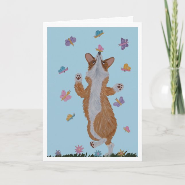 Carte Welsh Corgi et Papillons Joyeuses Pâques  (Devant)
