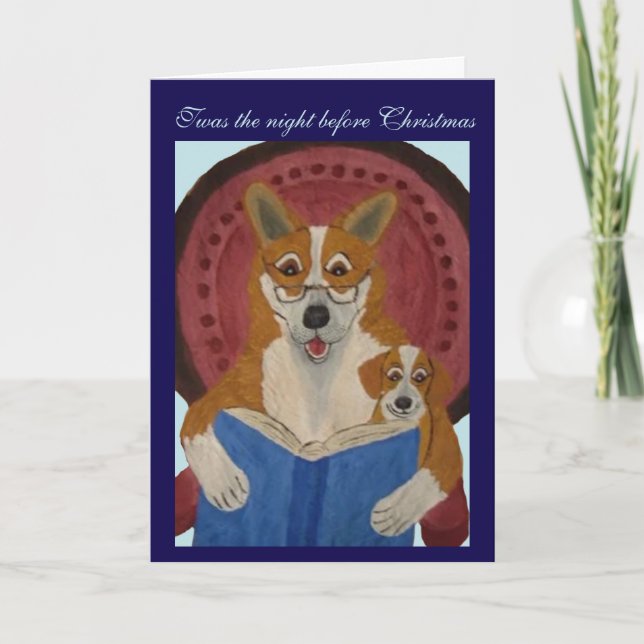 Carte Welsh Corgi lisant un conte de Noël à un chiot (Devant)