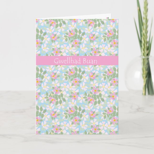 Carte Welsh Get Well Card, Pink Dogrots sur Blue (Devant)