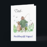 Carte Welsh Greeting Birthday Card for a Man: Fishing<br><div class="desc">A birthday card for papa,  with the greeting in Welsh. The handpainted illustration,  par Judy Adamson,  is of a man fishing from a riverbank with his dog who is watching the dragonflies.</div>