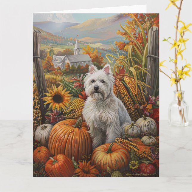 Carte West Highland White Terrier Automne Thankgiving (Fleur jaune)